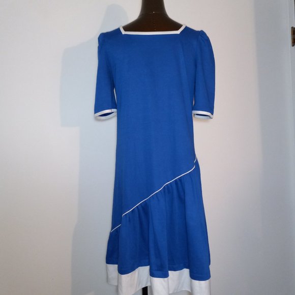 drop-waist ruffle hem dress vintage early 1980s polyester-cotton blend jersey - Picture 2 of 14